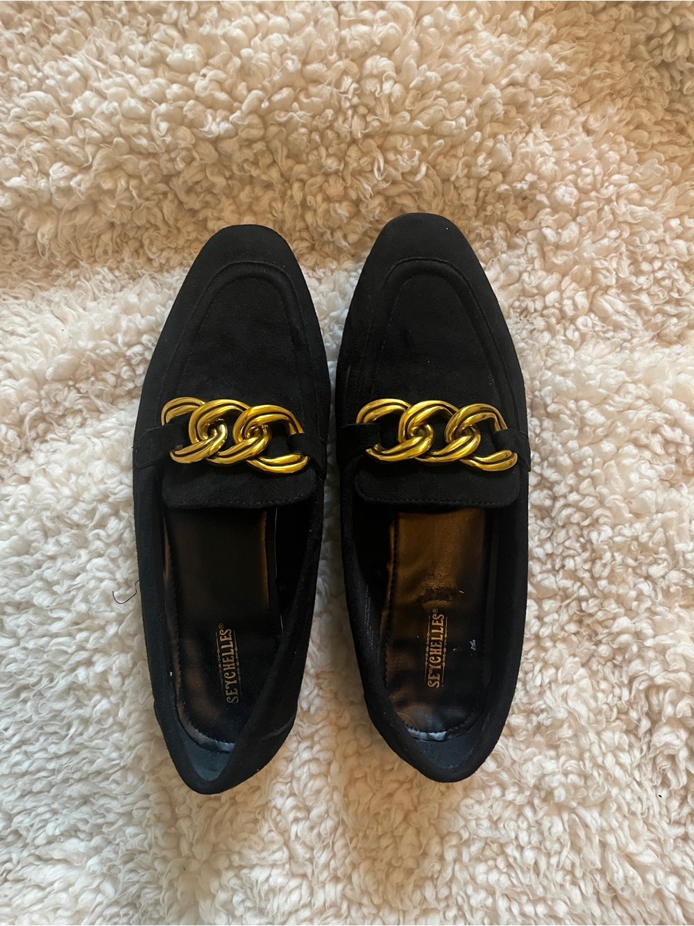 Seychelles Black Loafers with Gold Chain Accent Size 9